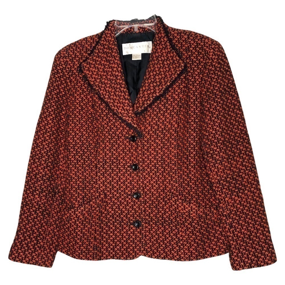 DONCASTER - 100% silk orange & black tweed button front blazer - size 10